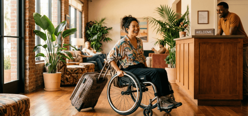 Wheelchair user with suitcase at Hotel Planner reception, Purpl discounts for disabilities and long term health conditions, disabled travel discounts UK.
