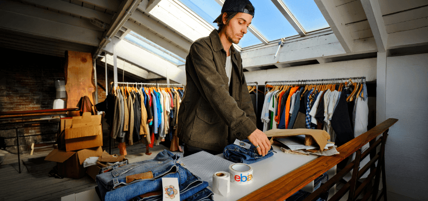 Man sorting second-hand clothes in eBay warehouse, Purpl discounts for disabilities and long term health conditions, shopping discounts for disabled people.