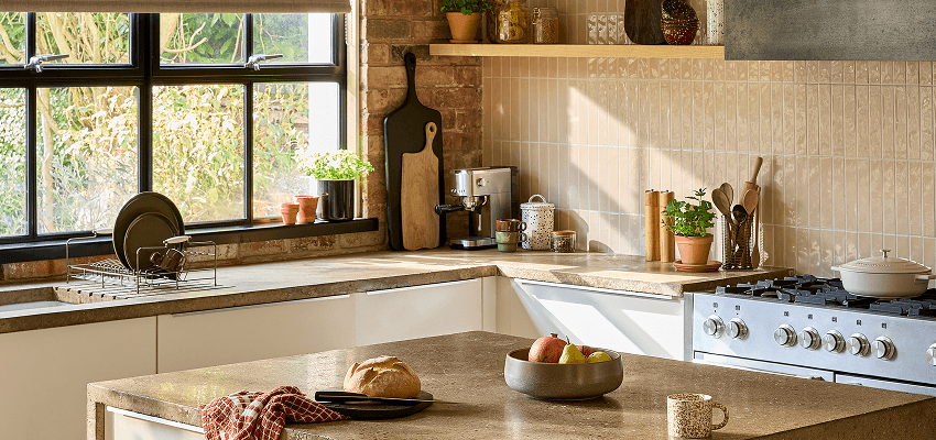 Sunlit country kitchen with island, Dunelm Purpl discounts for disabilities and long term health conditions, mobility discounts and offers.