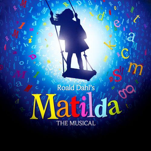 Silhouette of a girl on a swing, surrounded by colourful, scattered letters against a blue background. Text reads "Roald Dahl's Matilda The Musical."