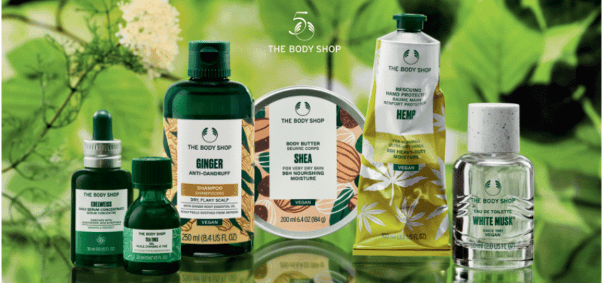 The Body Shop product range on green background, Purpl discounts for disabilities and long term health conditions, mobility discounts and offers.