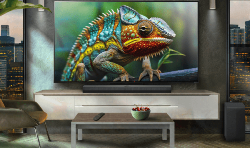 Modern living room setup featuring an ultra high-definition LG television displaying a colourful chameleon, ideal for accessible home entertainment. Great for disabled people seeking high-quality TV discounts.