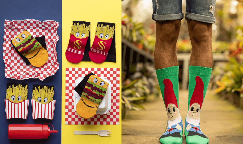 Colourful Lazy Panda novelty socks with fun designs including fries, burgers and gnomes, highlighting quirky sustainable fashion offers and everyday disabled shopping discounts.