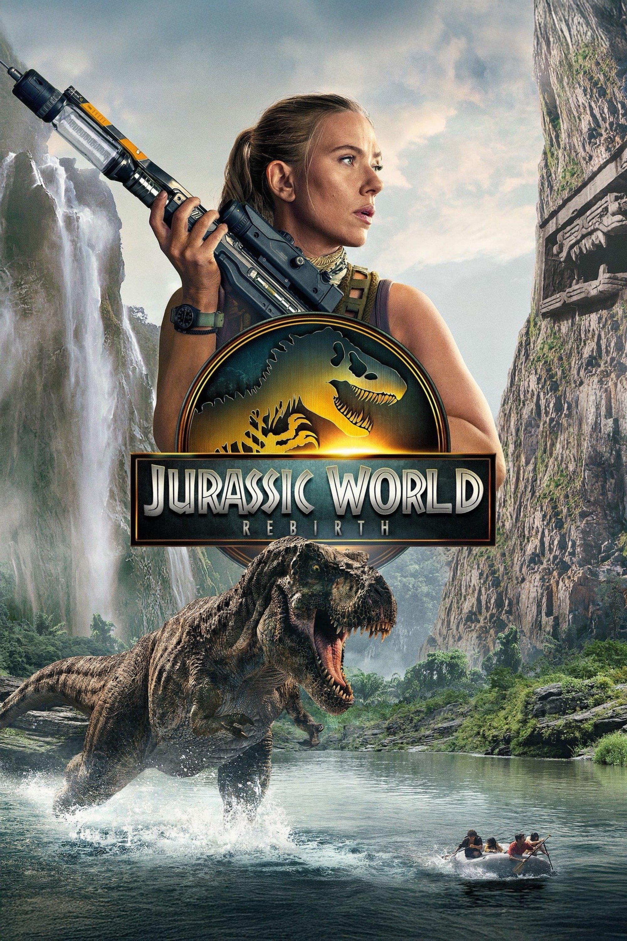 Poster for "Jurassic World: Rebirth" showing a determined woman with a weapon, a roaring dinosaur, and a boat of people in a lush canyon setting.