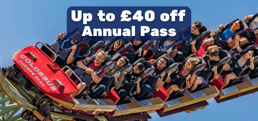 Excited riders on Colossus rollercoaster at Thorpe Park with up to £40 off annual pass offer, Disabled Travel Discounts UK and Theme Park Deals.