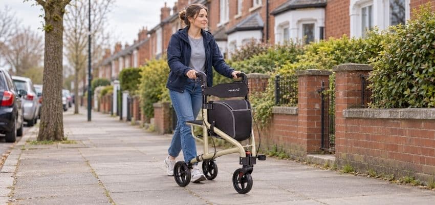 Woman using MobilityPlus mobility walker outdoors, Purpl discounts for disabilities and long term health conditions, mobility discounts and offers.