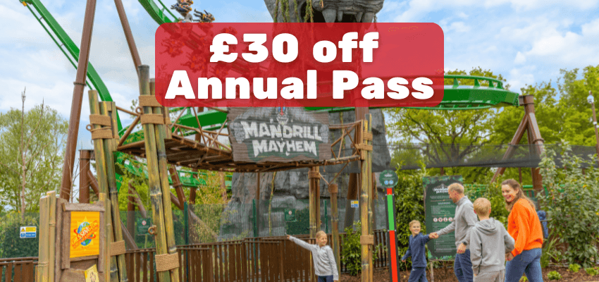 Family day out at Chessington theme park with Mandrill Mayhem ride and £30 off annual pass offer, Disabled Travel Discounts UK and Family Attraction Deals.
