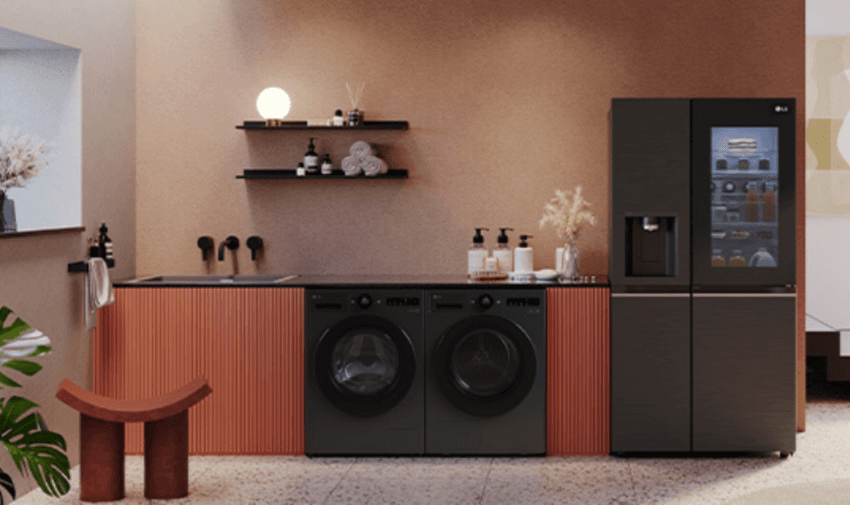 Stylish utility room with LG washing machine, dryer and smart fridge—accessible layout for disabled users wanting kitchen appliance deals.