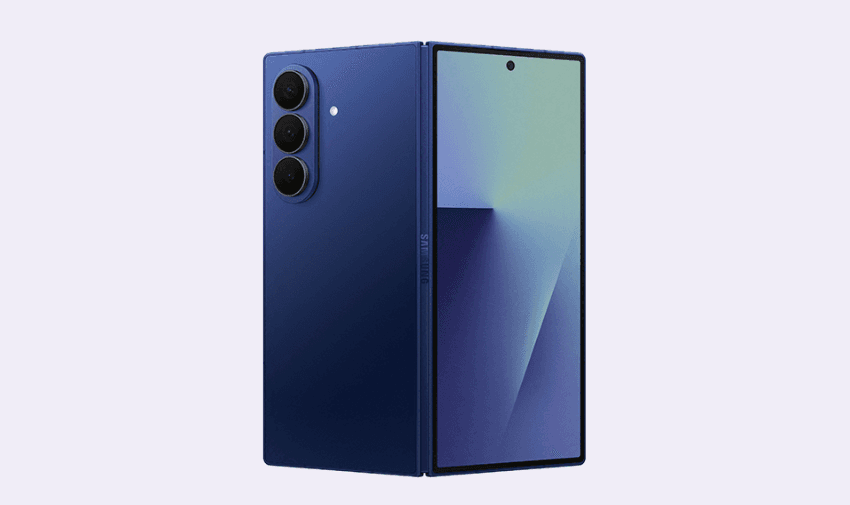Samsung Galaxy Z Fold 7 in blue, open in tablet mode with triple rear camera setup. Premium foldable design and full front display.