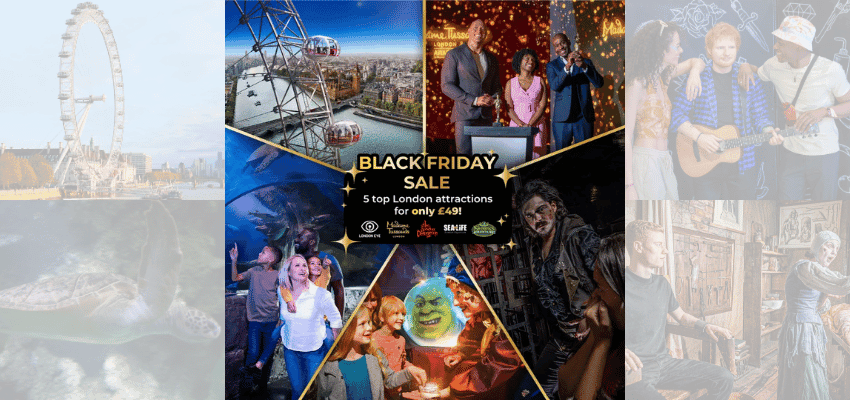 Promotional collage for Merlin’s Black Friday sale showing five major London attractions — the London Eye, Madame Tussauds, SEA LIFE London, Shrek’s Adventure, and The London Dungeon — with the text “5 top London attractions for only £49!”. Promotes Purpl’s disabled member discounts and accessible attraction savings for inclusive London days out.
