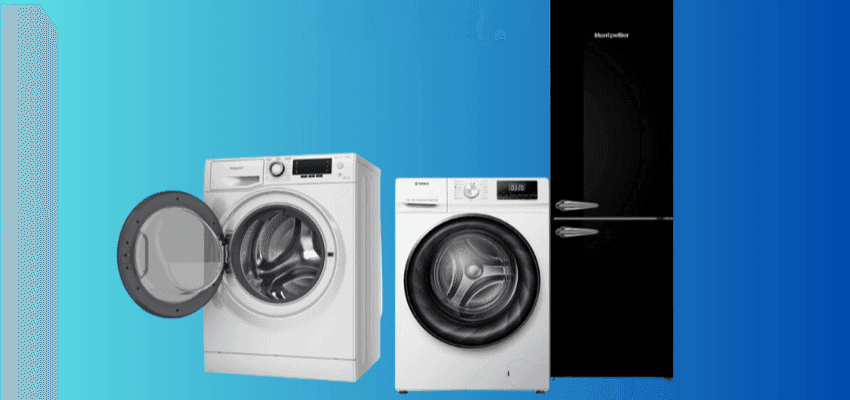 Home appliances including fridge, washing machine and washing dryer.