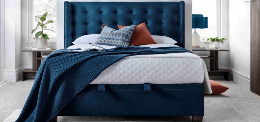 Blue bed in bright bedroom, Furniture Direct Online Purpl discounts for disabilities and long term health conditions, mobility discounts and offers.