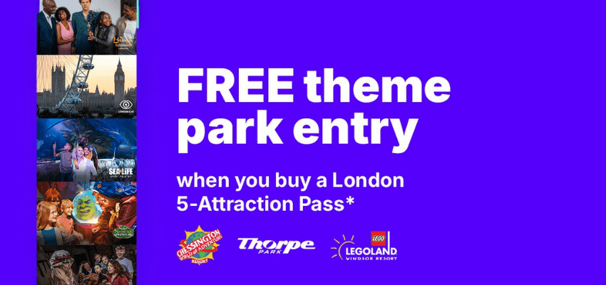Purple promo graphic offering free theme park entry, London Dungeon, Purpl discounts for disabilities and long term health conditions, disabled travel discounts UK.