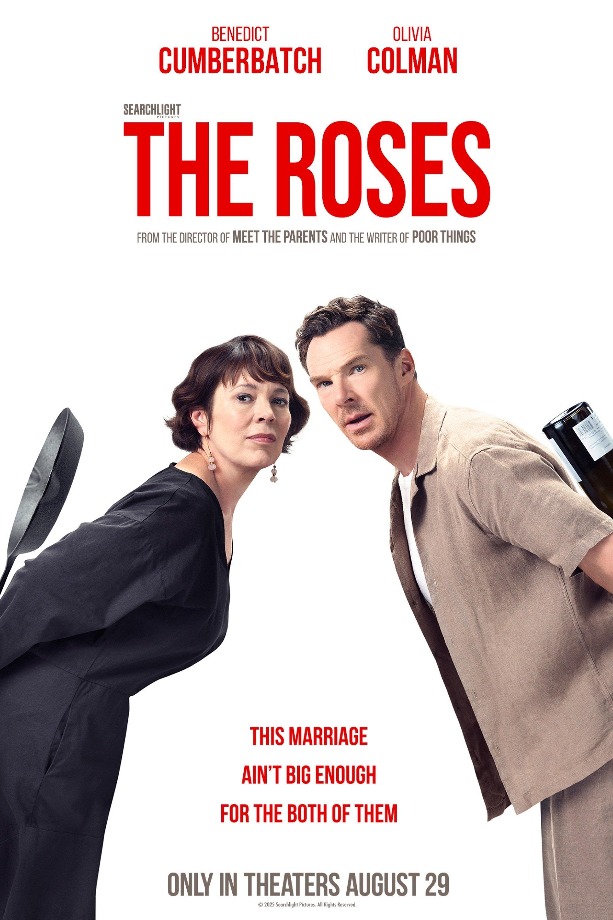 Two people lean away from each other, holding kitchen items. Text reads "The Roses" with release date "Only in theaters August 29." Tone: comedic tension.