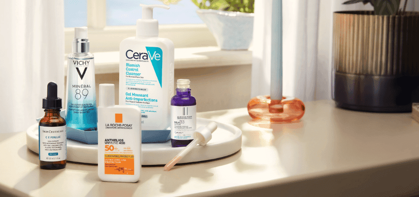 Skincare products on a bathroom shelf, LOOKFANTASTIC Purpl discounts for disabilities and long term health conditions, mobility discounts and offers.