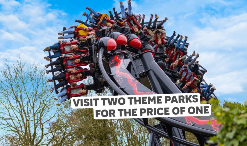 People riding a high-speed looping rollercoaster under a bright sky at Alton Towers, promoting Purpl’s 2-for-1 theme park entry — ideal for thrill-seekers looking for inclusive UK fun with disability discounts and accessible adventure days.