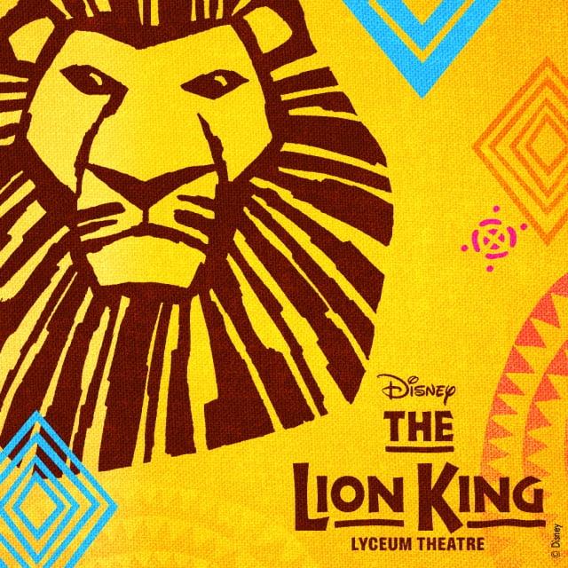 Stylized lion face graphic in dark brown on a vibrant yellow background. Geometric patterns surround the lion. Text reads "Disney The Lion King, Lyceum Theatre."