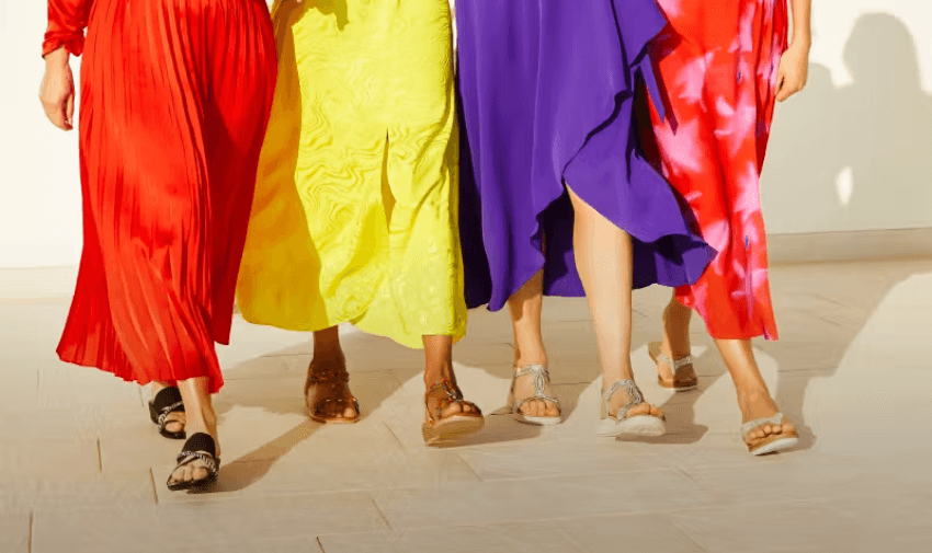 A group of four women wearing colourful summer dresses and sandals, showcasing exclusive disabled member deals.