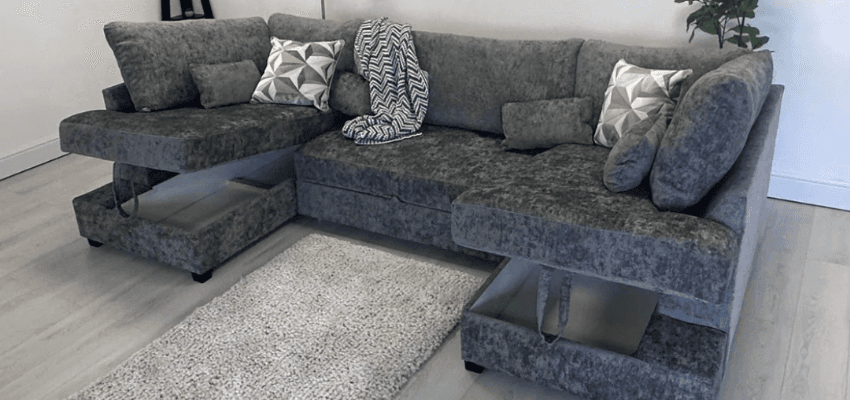 Grey corner sofa with patterned cushions, Furniture Direct Online Purpl discounts for disabilities and long term health conditions, mobility discounts and offers.