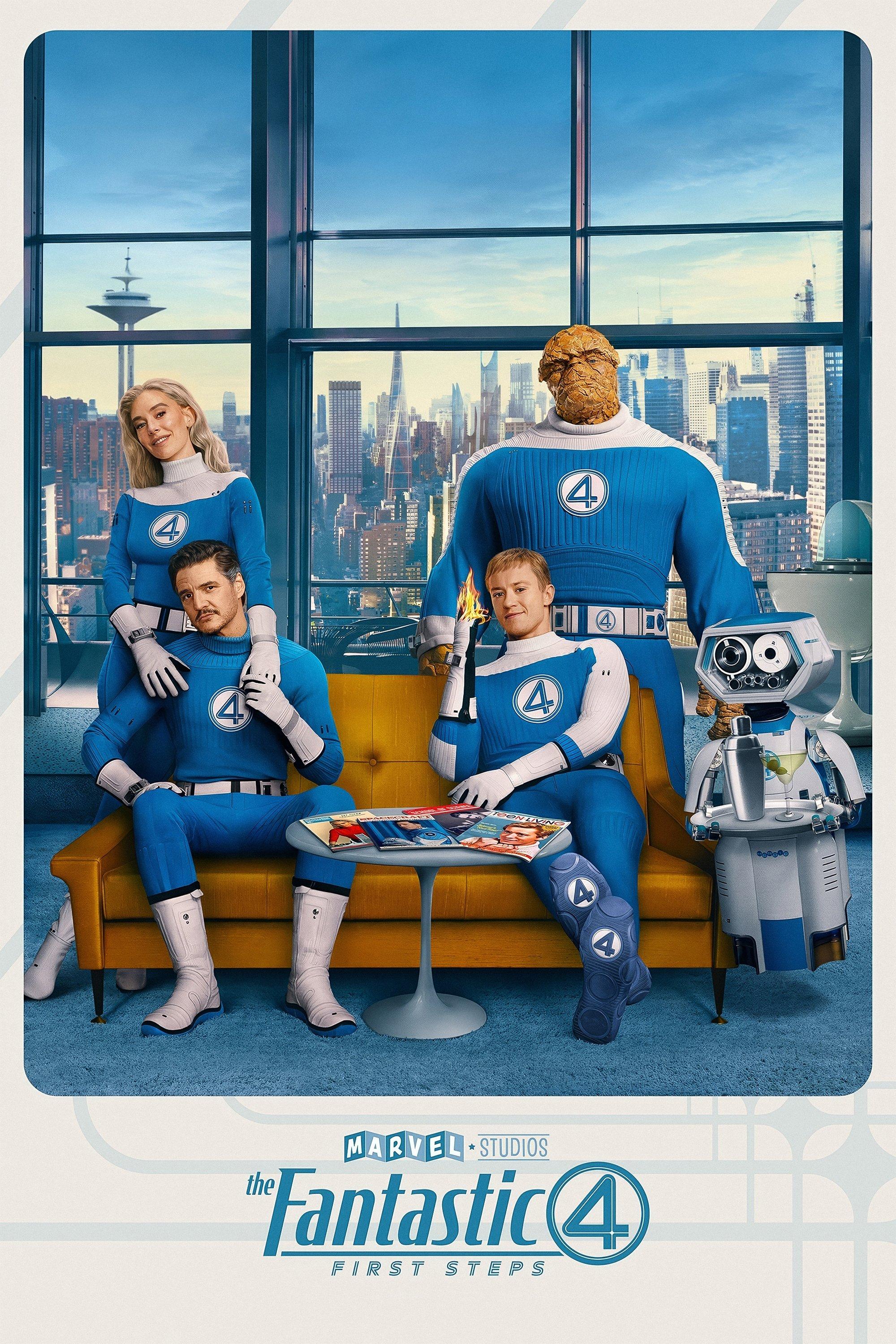 Poster for 'The Fantastic Four: First Steps'. Four people in blue superhero suits with "4" emblems pose on a yellow couch. City skyline background, relaxed and confident atmosphere. A small robot is on the right.