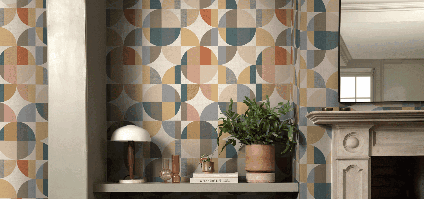 Geometric wallpaper display in a living room, Wallpaper Direct Purpl discounts for disabilities and long term health conditions, mobility discounts and offers.