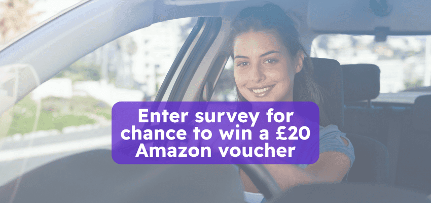 Smiling woman in a car completing a survey on her phone, with text overlay: “Enter survey for chance to win a £20 Amazon voucher.” Promotes Purpl and Carwow’s accessibility survey encouraging disabled drivers to share feedback for a chance to win Amazon gift cards.