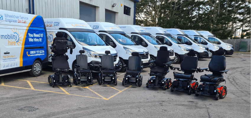 Row of Mobility Hire vans and mobility scooters, Purpl discounts for disabilities and long term health conditions, mobility discounts and offers.