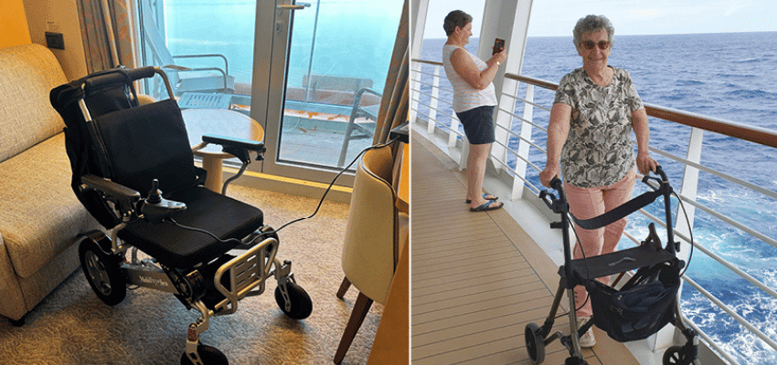 Mobility scooter and walker on cruise deck, Mobility at Sea, Purpl discounts for disabilities and long term health conditions, disabled travel discounts UK.