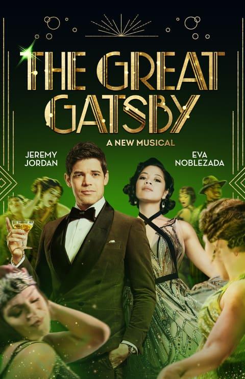 Poster for "The Great Gatsby Musical" featuring a man in a tuxedo and a woman in an elegant dress against a backdrop of dancing partygoers.