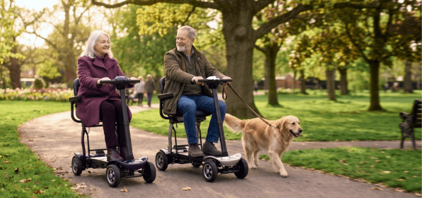 Older couple using mobility scooters in park with dog, Essential Aids Purpl discounts for disabilities and long term health conditions, mobility discounts and offers.
