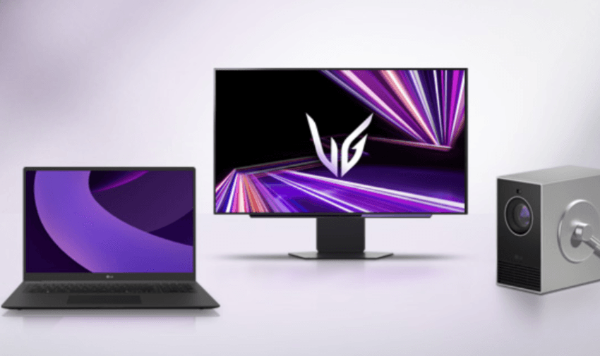 Sleek LG laptop, monitor and home projector setup against a soft gradient background—perfect for accessible work from home setups and disability tech discounts.