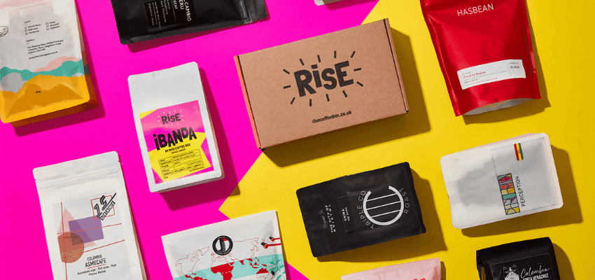Rise coffee subscription promo image with assorted coffee bags Purpl disabled discounts members save on artisan coffee and gift boxes
