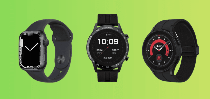 Three smartwatches on green background, eBay Purpl discounts for disabilities and long term health conditions, shopping discounts for disabled people.