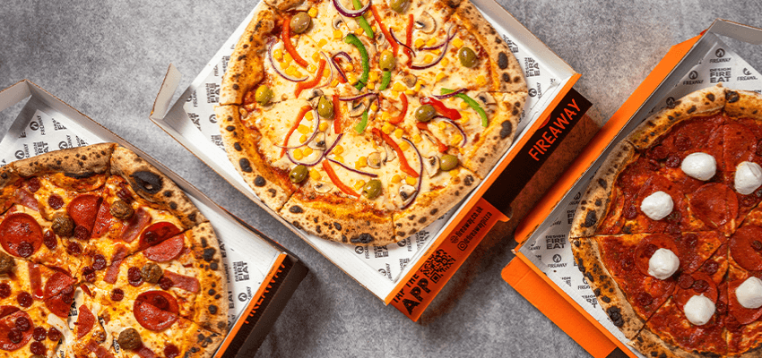 Three Fireaway Pizza boxes with assorted pizzas, Purpl discounts for disabilities and long term health conditions, mobility discounts and offers.