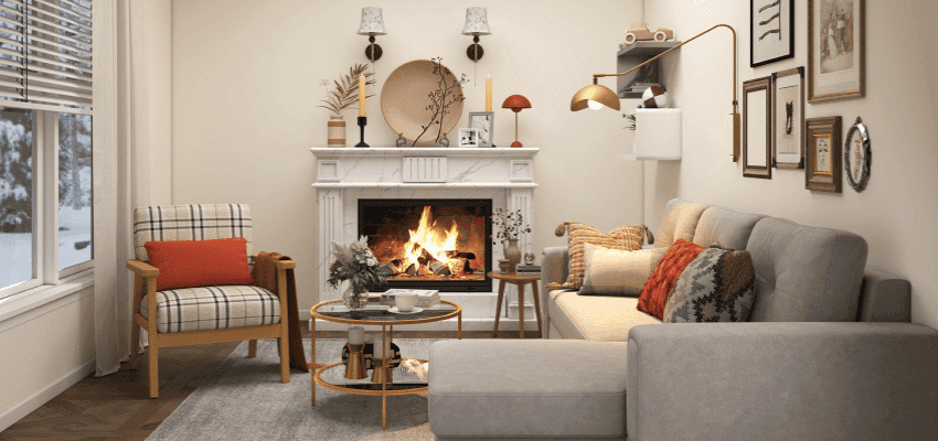 Cosy living room with sofa armchair coffee table and fireplace promoting stylish home furniture with disabled discounts in the UK