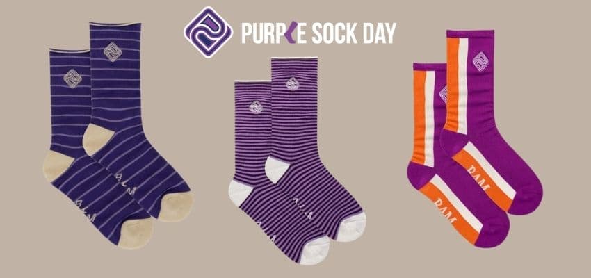 Three pairs of purple striped socks from BAM; Purpl discounts for disabilities and long term health conditions, mobility discounts and offers.