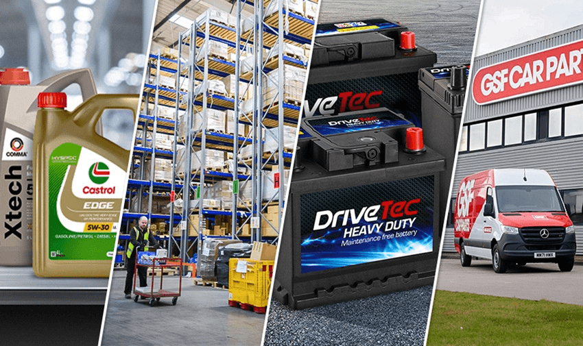 Collage showing motor oil bottles, a high-rise warehouse, heavy-duty car batteries and a GSF Car Parts delivery van, promoting essential car maintenance products and automotive savings for disabled drivers in the UK
