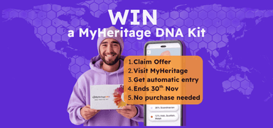 Promotional image with a smiling person in a purple hoodie holding a MyHeritage DNA kit beside a smartphone showing ancestry results. Text reads: “WIN a MyHeritage DNA Kit. 1. Click Claim Offer 2. Visit MyHeritage 3. Get automatic entry 4. Ends 30th Nov 5. No purchase needed.” Contest for Purpl members offering a chance to win a MyHeritage DNA test kit.