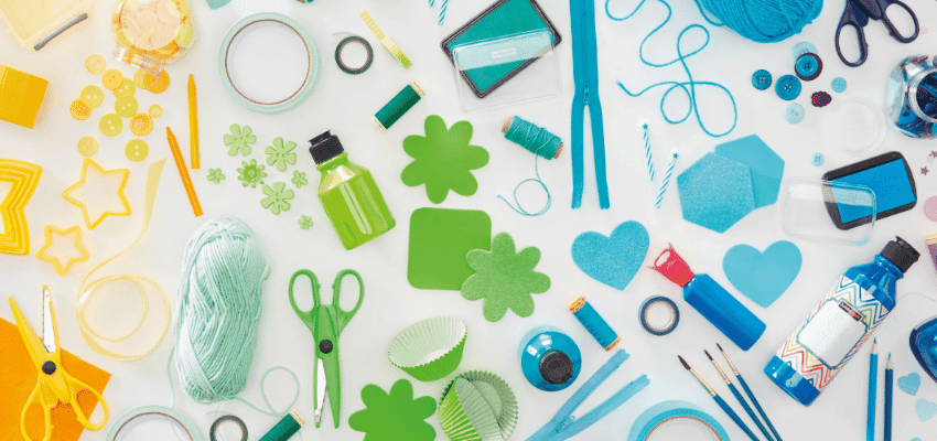 Colourful craft supplies flat lay at Hobbycraft, Purpl discounts for disabilities and long term health conditions, mobility discounts and offers.