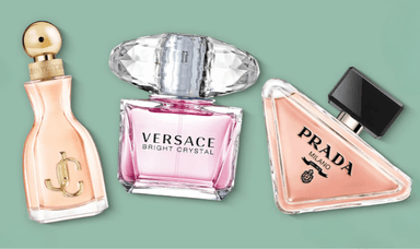 Three elegant perfume bottles on a teal background: Jimmy Choo with a gold cap, Versace Bright Crystal in a faceted pink and clear glass design, and Prada Milano in a soft peach triangle bottle, showcasing premium fragrances eligible for shopping discounts for disabled people.