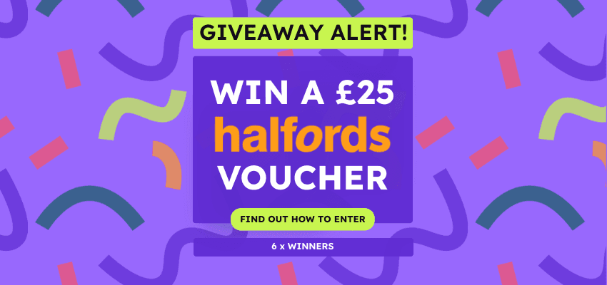 Colourful purple giveaway graphic announcing a chance to win a £25 Halfords voucher, promoting Purpl discounts for people with disabilities and long term health conditions who want help saving on car care, mobility products and essential vehicle costs.