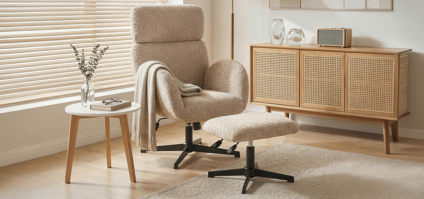 Beige armchair and footstool in stylish living room at The Range, Purpl discounts for disabilities and long term health conditions, mobility discounts and offers.