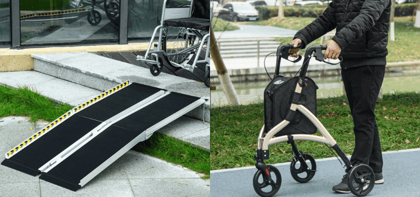 Wheelchair ramp and rollator outdoors, Aosom Purpl discounts for disabilities and long term health conditions, mobility discounts and offers.