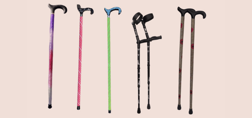 A collection of vibrant walking sticks and crutches in various colours and patterns, promoting Glamsticks' unique designs. Showcasing Purpl's disabled discounts for personalised mobility aids, combining function with fashion in the UK.