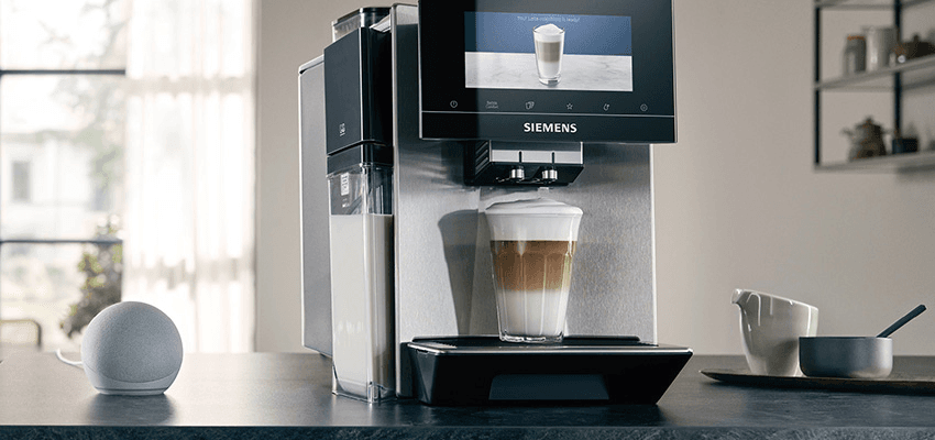 Siemens coffee machine pouring a latte; Siemens Purpl discounts for disabilities and long term health conditions, mobility discounts and offers.