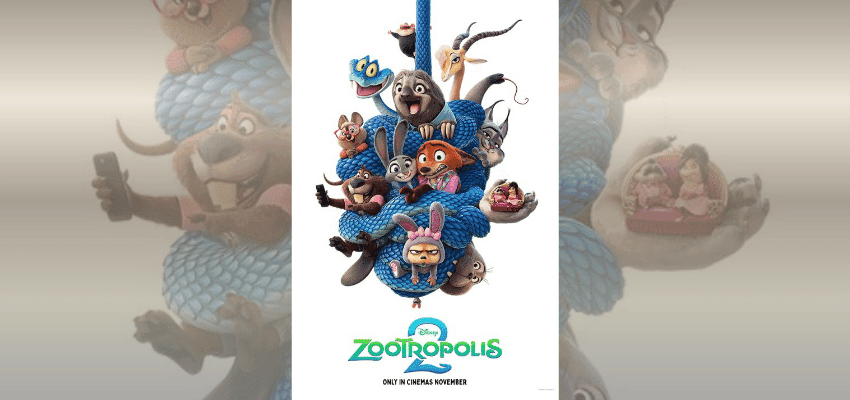 Animated poster for Disney’s “Zootropolis 2” featuring colourful animal characters hanging from a blue rope. Ideal for families using Purpl’s Cinema Society offers and accessible screenings for disabled people.