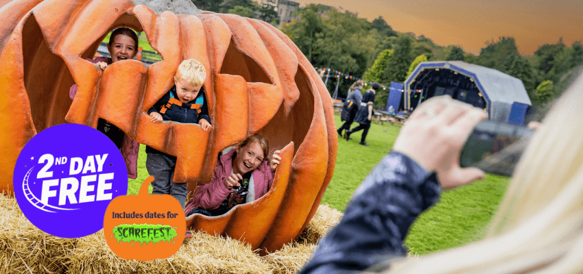 Children play inside a giant pumpkin at Alton Towers, with Purpl discounts for disabilities and long term health conditions and shopping discounts for disabled people.