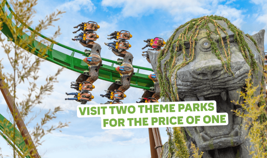 People flying through the air on a jungle-themed rollercoaster at Chessington World of Adventures, passing a giant stone lion statue, showcasing Purpl’s 2-for-1 theme park offer for disabled people and carers seeking discounted accessible family fun in the UK.