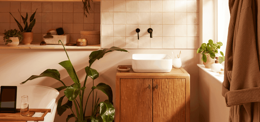 Sunlit modern bathroom with plants, Dunelm Purpl discounts for disabilities and long term health conditions, mobility discounts and offers.