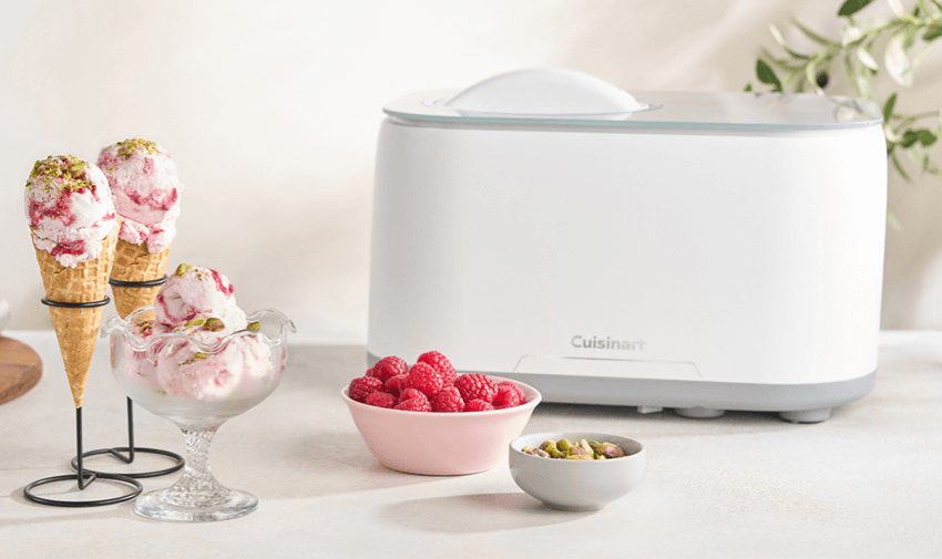 Cuisinart ice cream maker with raspberry bowls and cones – fun adaptive kitchen gadgets with disabled home discount deals UK.